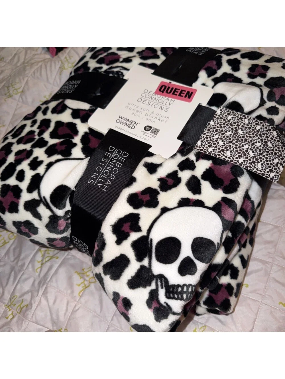 Deborah Connolly Designs Skull Purple Leopard  Print Queen Halloween Blanket